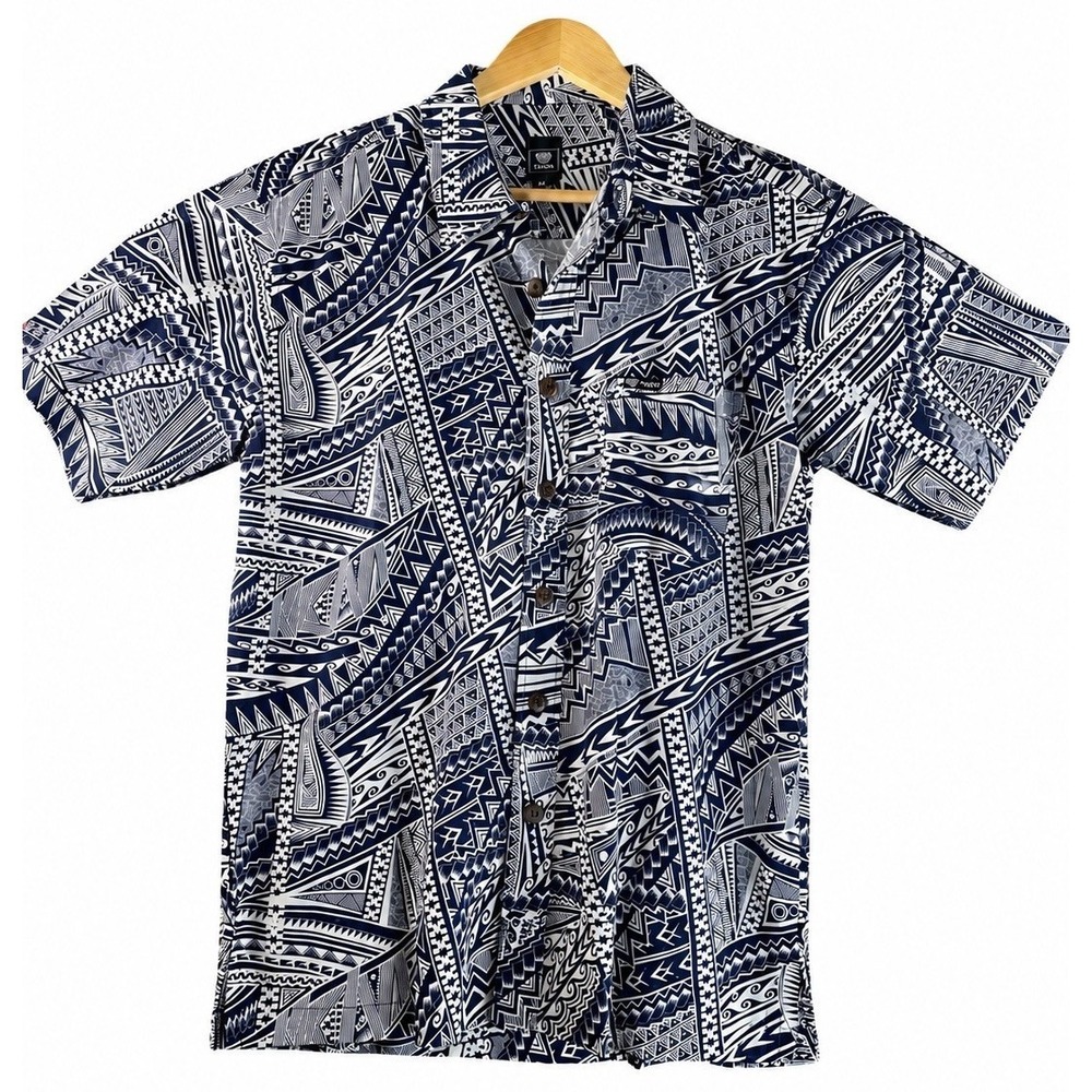 Tanoa Polynesian Tribal Hawaiian Shirt Men M Blue White 100% Cotton Fiji